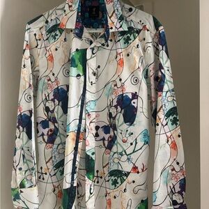 Colorful Abstract Print Button-Up Shirt - White Base with Multicolor Accents